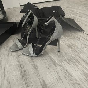 Saint Laurent silver strappy heels. Never worn, still in box, with duster.